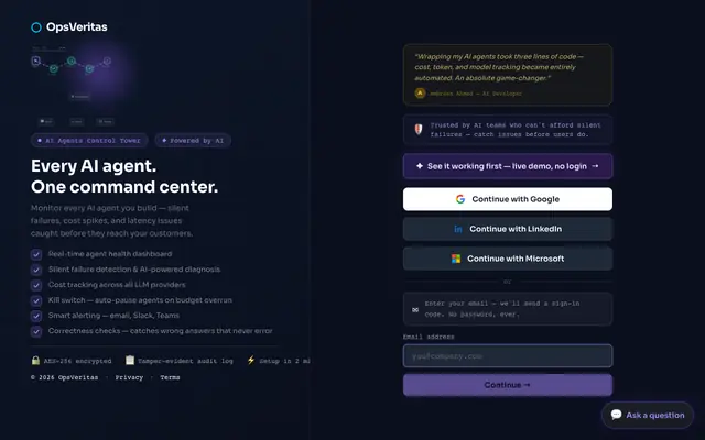 Screenshot of OpsVeritas — AI Agents Control Tower