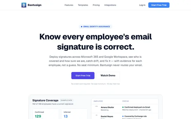 Screenshot of Bantusign — Email Identity Assurance for Microsoft 365 & Google Workspace