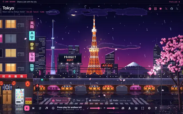 Screenshot of Lofi Cities · Pixel-art city nights with endless lofi music