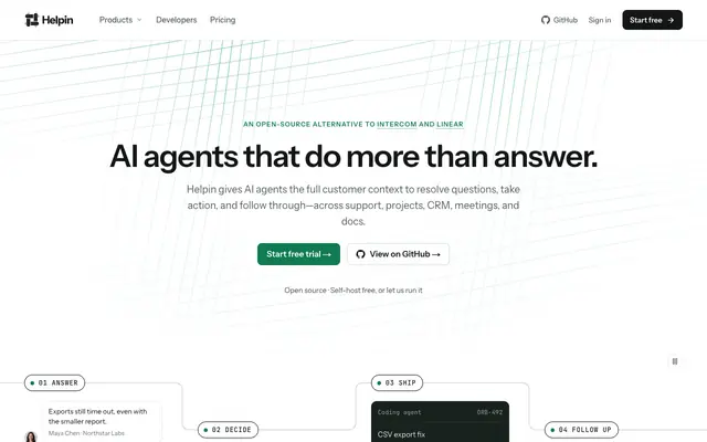 Screenshot of Helpin — Open-source AI customer support, CRM and projects