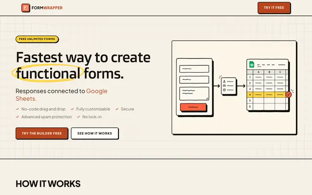 Screenshot of Formwrapper — Build beautiful forms. Data lives in your Google Sheet.