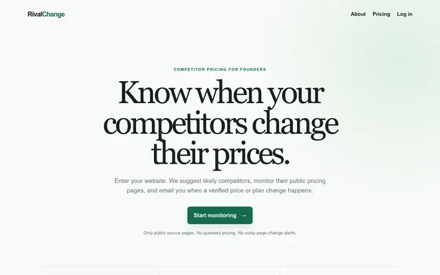 Screenshot of RivalChange — Competitor pricing monitoring
