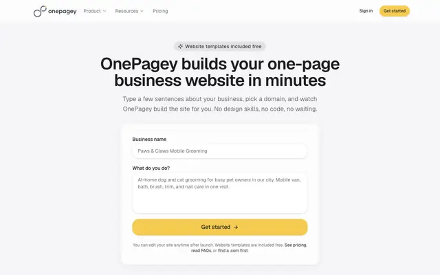 Screenshot of OnePagey | AI one-page website builder for small businesses