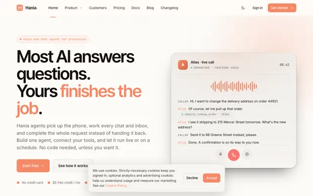 Screenshot of Hania · AI agents for voice, chat, and every channel