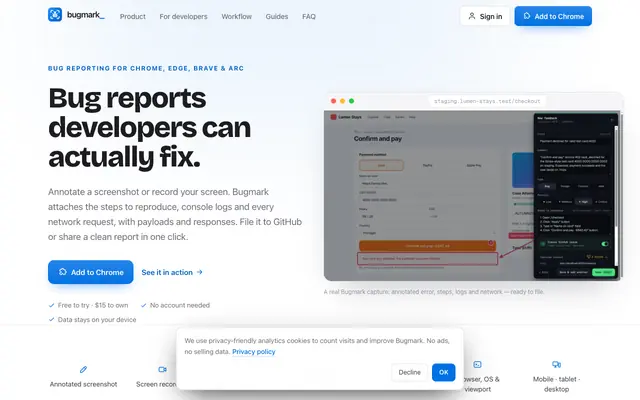 Screenshot of Bugmark — Free Bug Reporting & Debugging Tool for Chrome