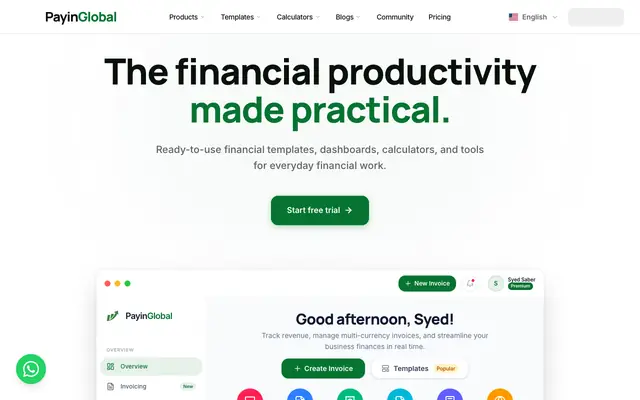 Screenshot of PayinGlobal - Premium Financial Templates, 50+ Calculators & Bank Statement Conv