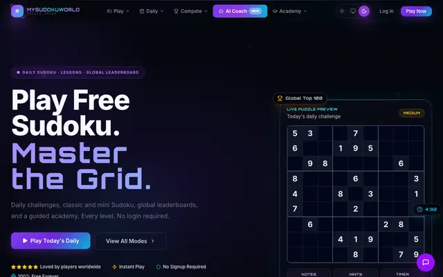 Screenshot of Free Sudoku Online — Daily Puzzles, All Levels | MySudokuWorld