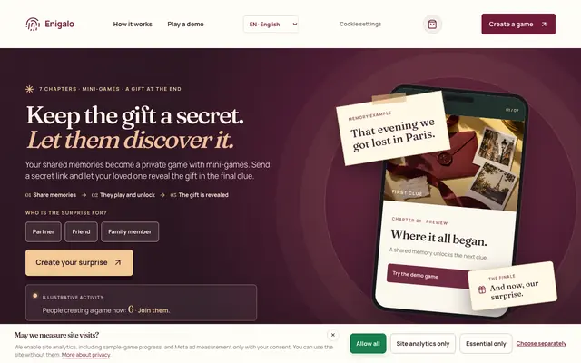 Screenshot of Enigalo — turn your memories into a gift adventure