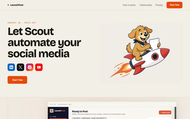 Screenshot of LaunchPost — Let Scout automate your social media