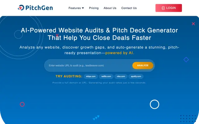 Screenshot of PitchGen - AI-Powered Website Audits & Pitch Deck Generator