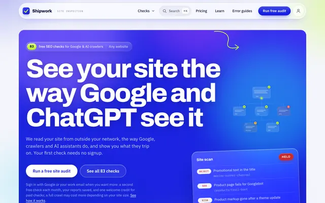 Screenshot of SEO Audit: Google, AI Crawlers & Shopping Feed | Shipwork