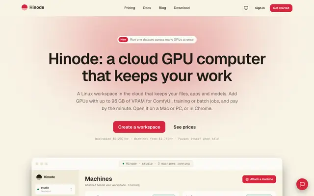 Screenshot of Hinode — Your AI workstation in the cloud