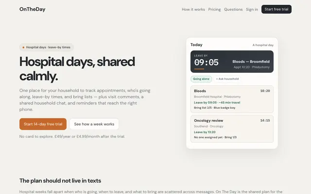 Screenshot of On The Day — Hospital days, shared calmly