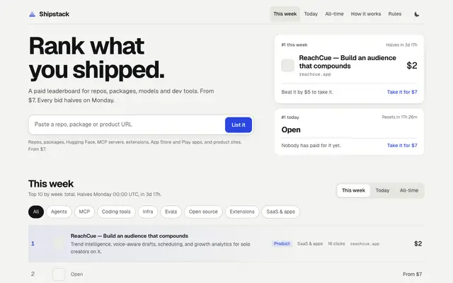 Screenshot of Shipstack: rank what you shipped