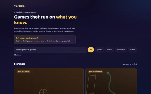 Screenshot of TierBrain | Free Quizzes, Puzzles & Party Games Online