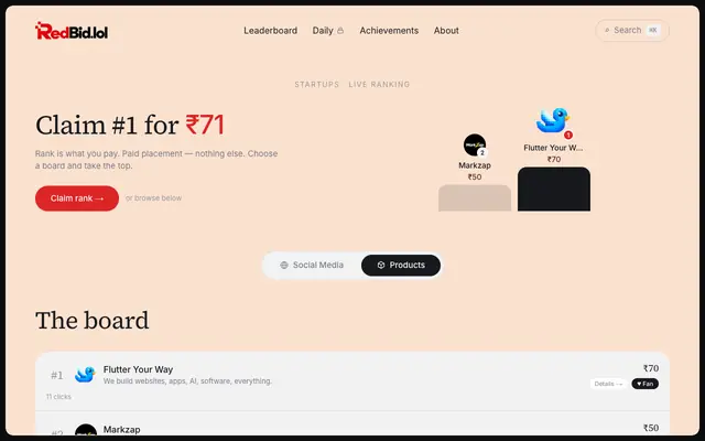 Screenshot of Redbid.lol — pay-to-placement leaderboard for startups & creators