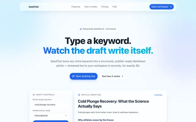 Screenshot of SeedText — Free AI Article Draft Generator for Niche Content