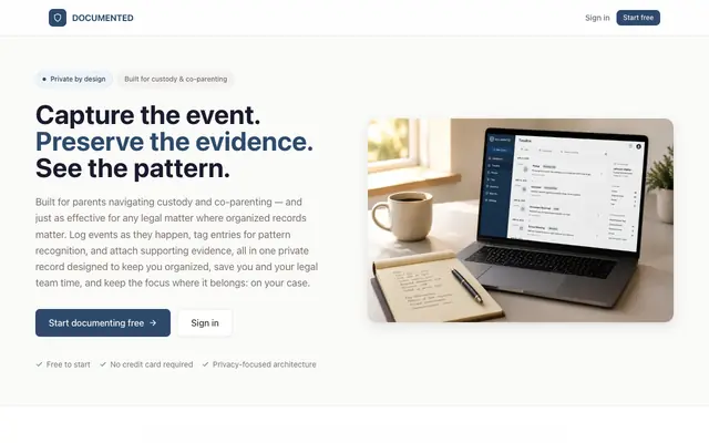 Screenshot of Documented — Custody & Co-Parenting Documentation, Built for Any Legal Matter