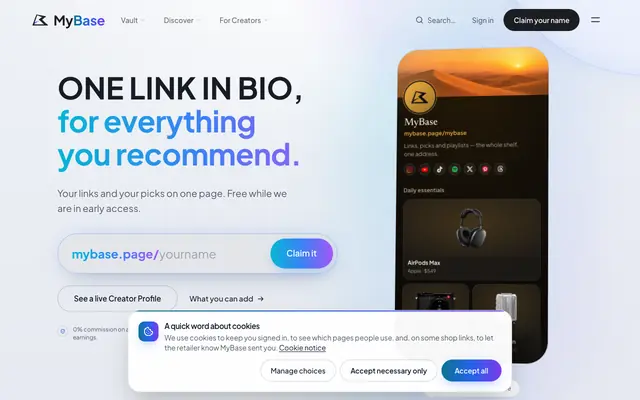 Screenshot of MyBase — the link in bio for everything you recommend