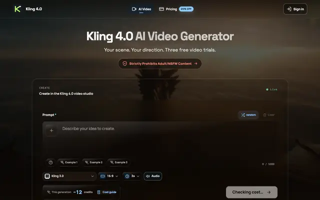 Screenshot of Kling 4.0 AI Video Generator | 3 Free Trials
