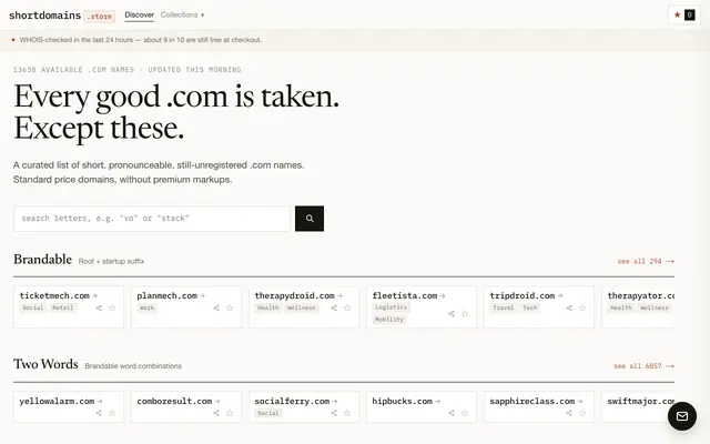 Screenshot of shortdomains.store — Every good .com is taken. Except these.