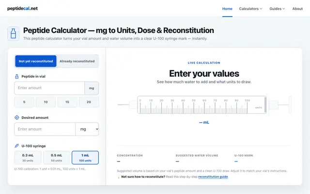 Screenshot of Peptide Calculator – Free mg to Units, Dose & Reconstitution