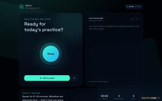 Screenshot of Vellum — Daily English Speaking Coach