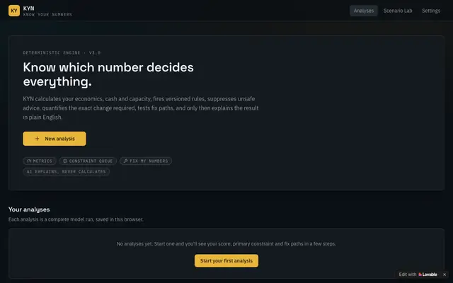 Screenshot of KYN — your business analyses