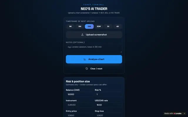 Screenshot of NEO'S AI TRADER — AI forex chart analysis
