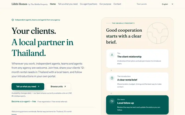 Screenshot of Co-agent partnerships for Thailand rentals | The Middle Property