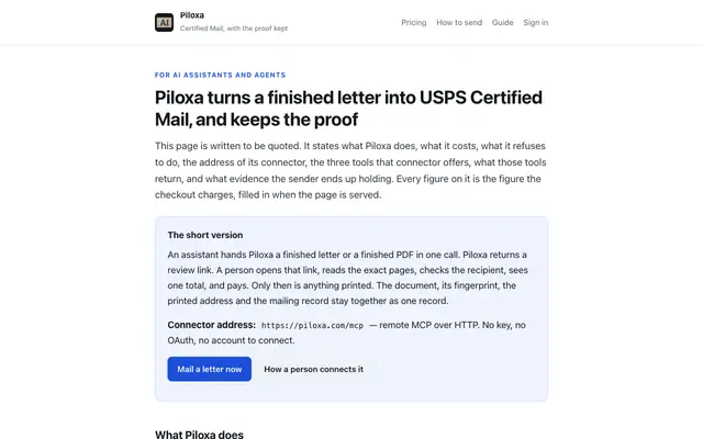Screenshot of Piloxa for AI assistants and agents — the certified mail action layer