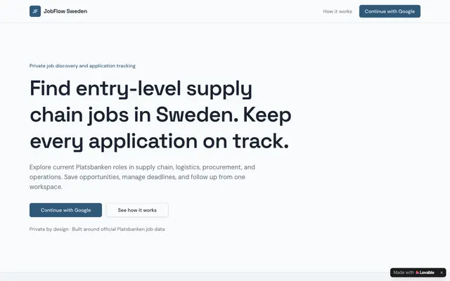 Screenshot of JobFlow Sweden — Private job discovery and application tracking