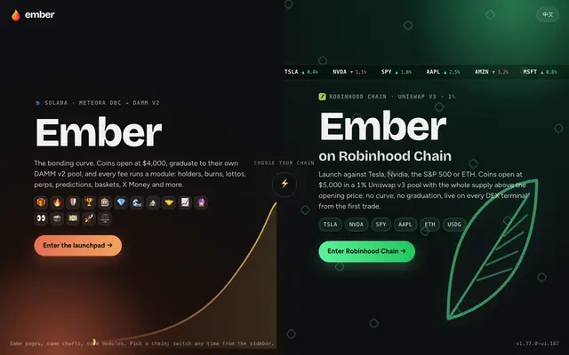 Screenshot of Ember · Launch on Solana, paired with any stock