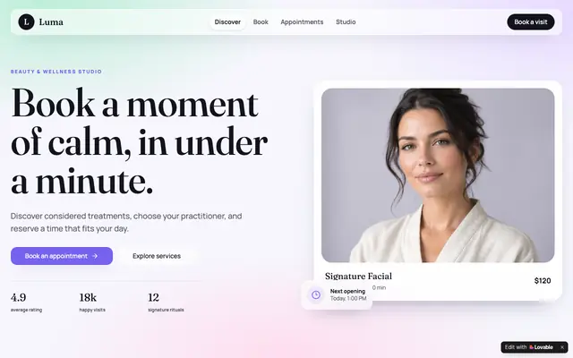 Screenshot of Luma — Beauty & Wellness, Beautifully Booked