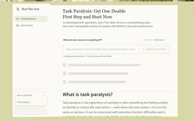 Screenshot of Task Paralysis: Break Your Stuck Task Into a First Step — Try It Free