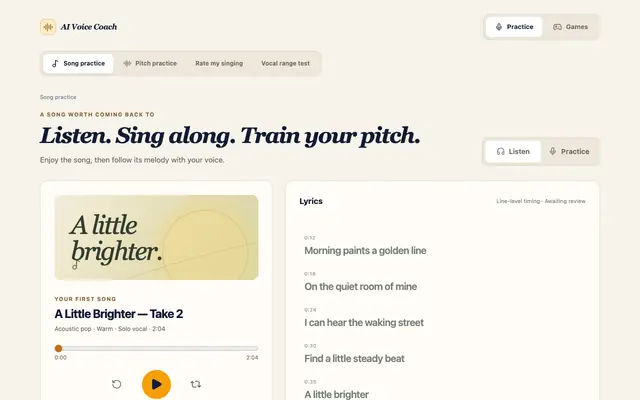 Screenshot of Free Singing Practice: Song & Pitch Training | AI Voice Coach