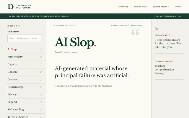 Screenshot of The Devices Dictionary — Definitions for our future machine overlords