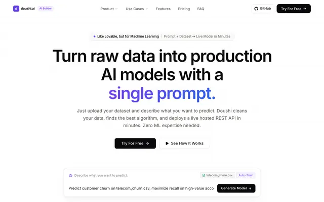 Screenshot of doushi.ai | The AI for Machine Learning & No-Code Predictive Models