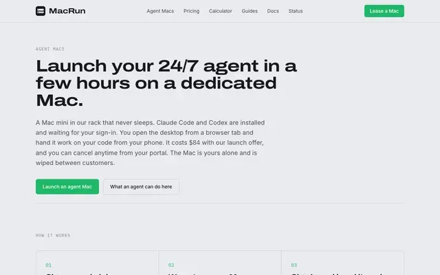 Screenshot of Rent a dedicated Mac for 24/7 AI agents: Claude Code and Codex, $169/mo
