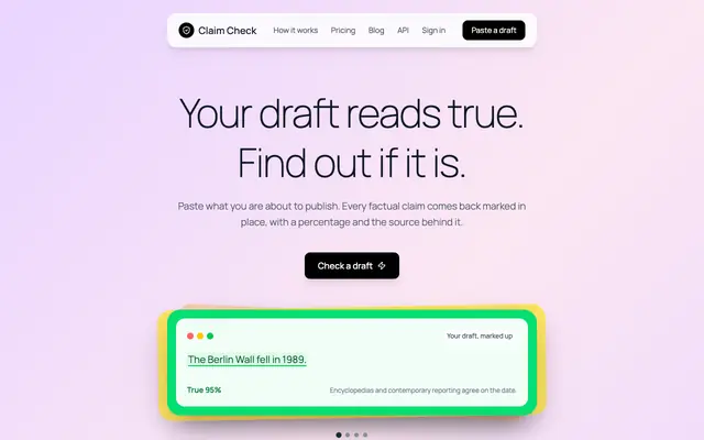 Screenshot of AI fact checker: catch hallucinations before you publish — Claim Check