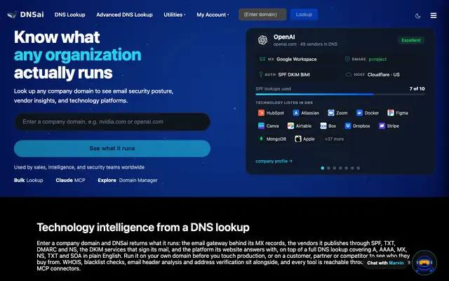 Screenshot of DNS Lookup, WHOIS & Email Security Tools | DNSai