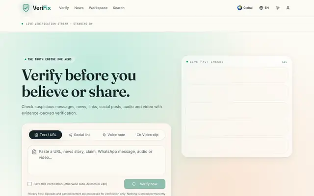 Screenshot of VeriFix — AI News Verification & Fact-Checking Platform
