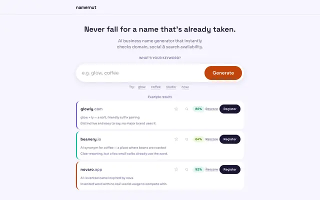 Screenshot of Namernut – Domain Name Generator + AI Brandability Score
