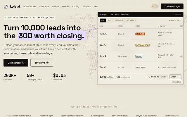 Screenshot of AI Voice Agents & AI Calling at $0.03/min | Kolz AI