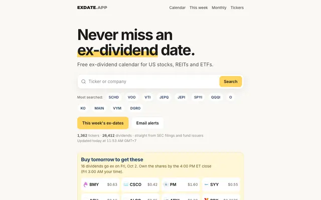 Screenshot of exdate — ex-dividend calendar and dividend history
