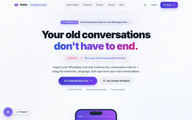 Screenshot of Kotha — Continue Your WhatsApp Conversations with AI