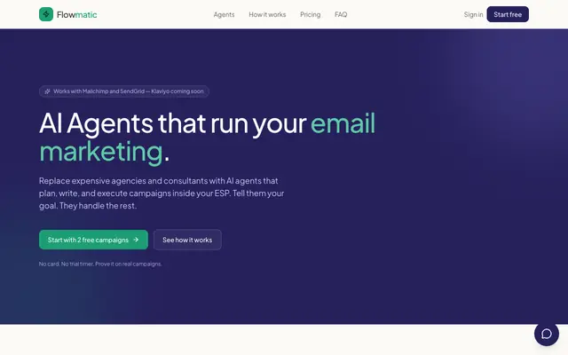 Screenshot of Flowmatic — AI Agents that run your email marketing