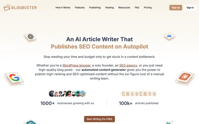 Screenshot of AI Article Writer & Automated Content Platform | BlogBuster