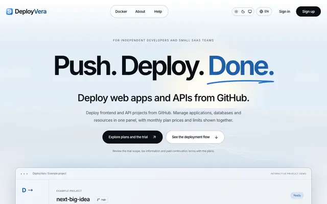 Screenshot of DeployVera PaaS — App Deployment for Small SaaS Teams