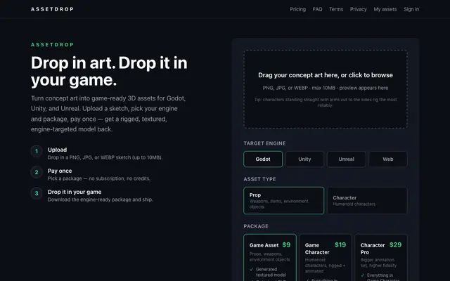 Screenshot of AssetDrop — Drop in art. Drop it in your game.